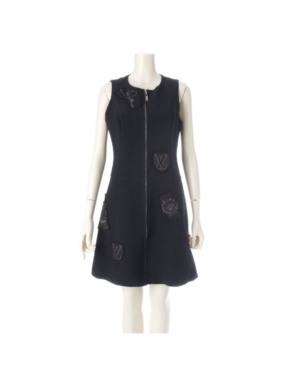 Louis Vuitton Wool Silk Blend LV Logo Patch Sleeveless Dress Black 36